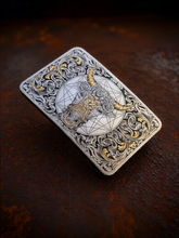 【Customization】24K Gold-Inlay  Pure Titanium Belt Buckle with a Longhorn and a Scroll Pattern Engraving