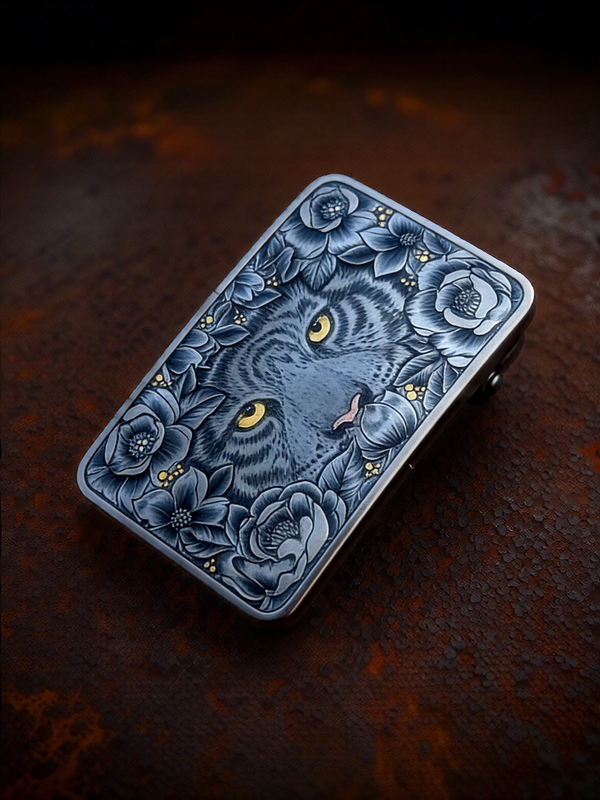 【Customization】24K Gold-Inlay Pure Titanium Belt Buckle with a Tiger and Flowers Pattern Engraving
