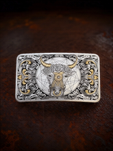 【Customization】24K Gold-Inlay  Pure Titanium Belt Buckle with a Longhorn and a Scroll Pattern Engraving