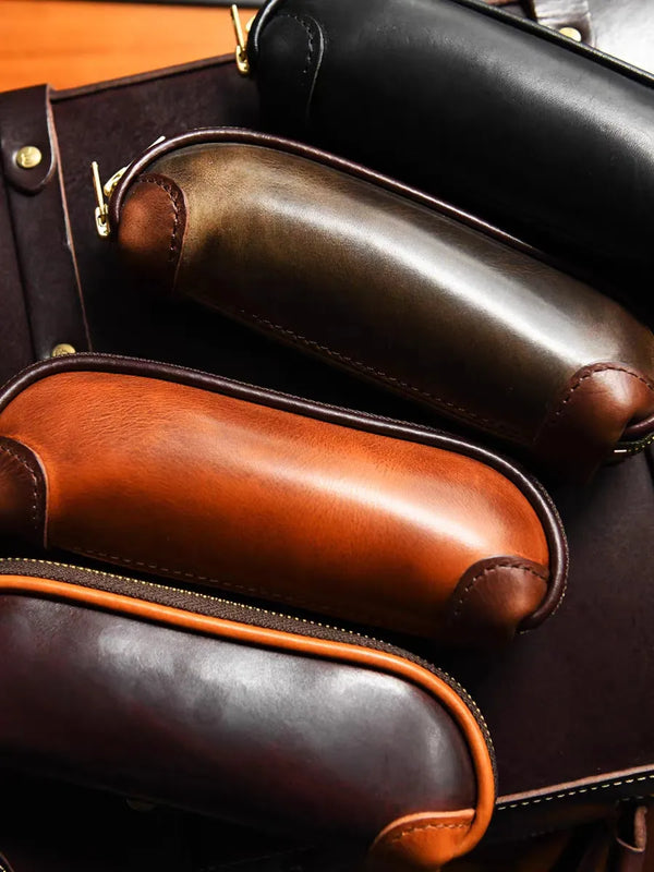 Original handmade first layer cowhide pencil bag vintage art high quality stationery eyebrow pencil genuine leather storage bag with texture · dark green