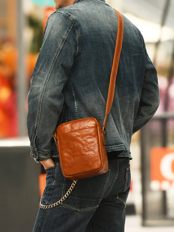 Premium first layer cowhide men's shoulder bag simple casual messenger bag genuine leather all-match commuter durable vertical backpack · brown