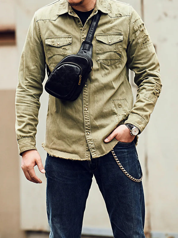 New Men's Crossbody Top Cowhide Casual Chest Backpack Genuine Leather Fashion Commuter Chest Bag Cell Phone Bag · Brown